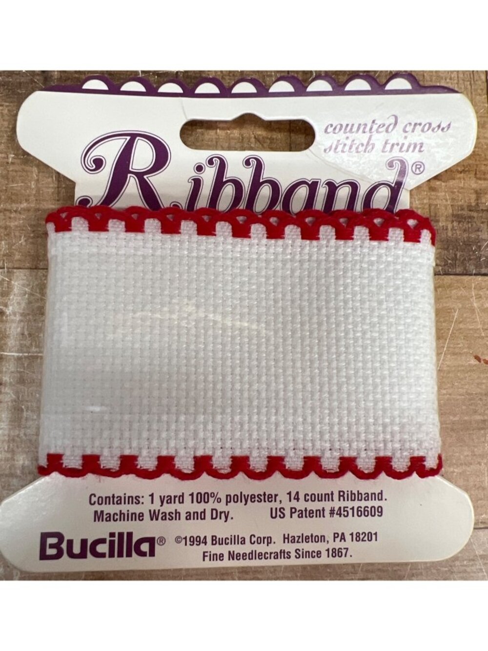 Bucilla 1 Yard 14 Count Cross Stitch Ribbond White Red Edge Trim 100% Polyester